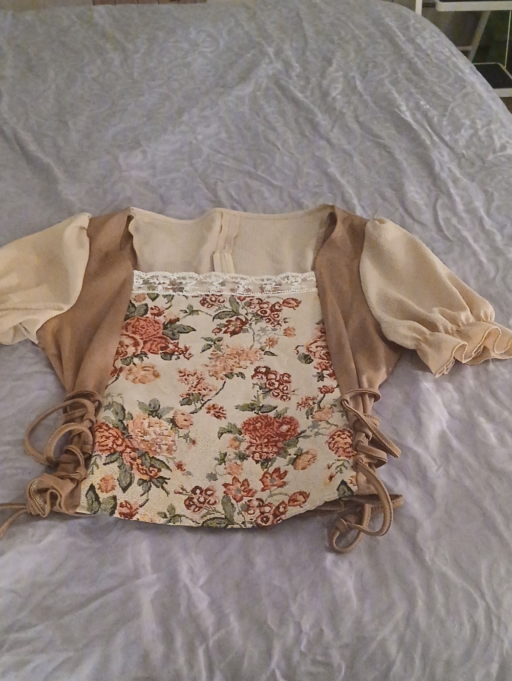 Beige and Brown Short-Sleeve Peasant Top